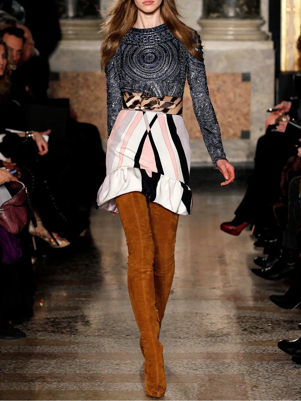 Emilio Pucci Pink, Black & White Striped Ruffle Mini Skirt